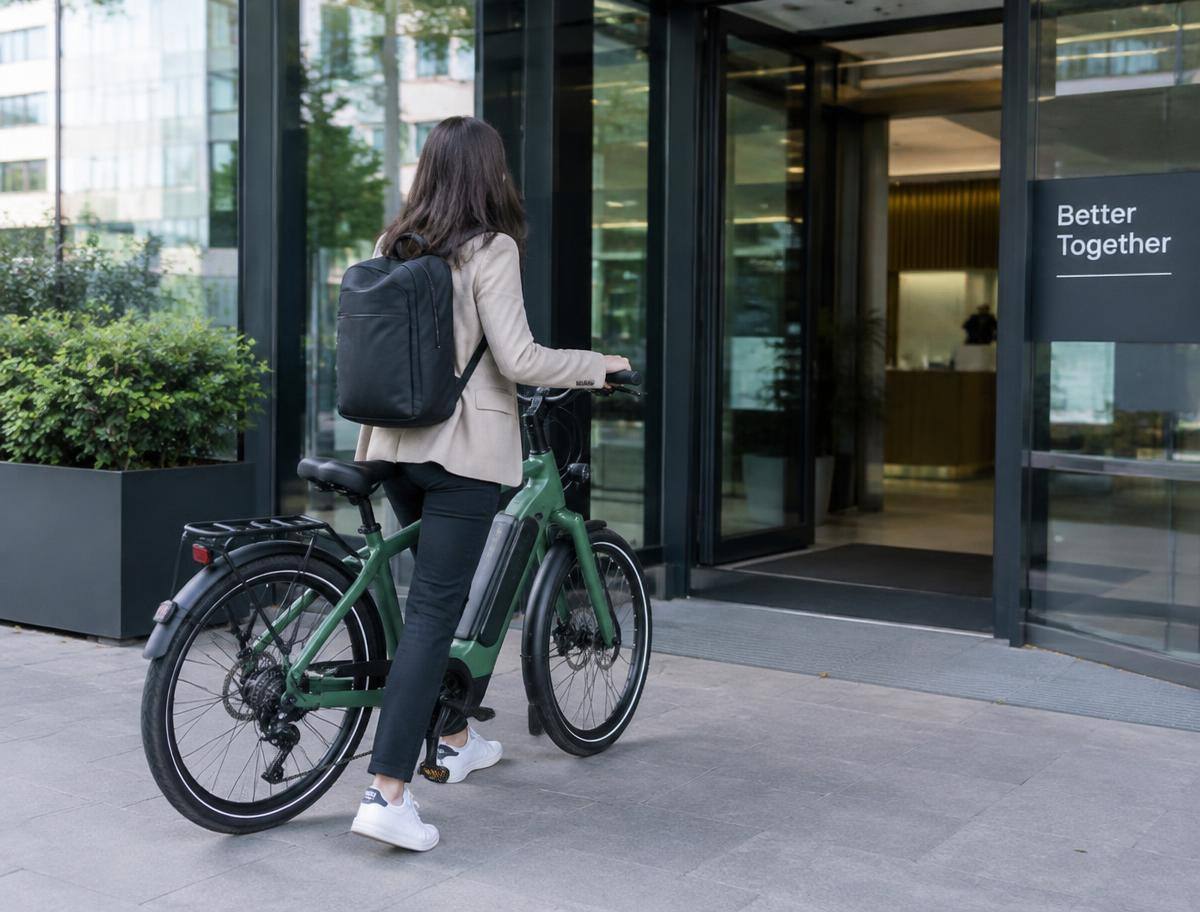 Mitarbeiterin mit E-Bike vor dem Bürogebäude